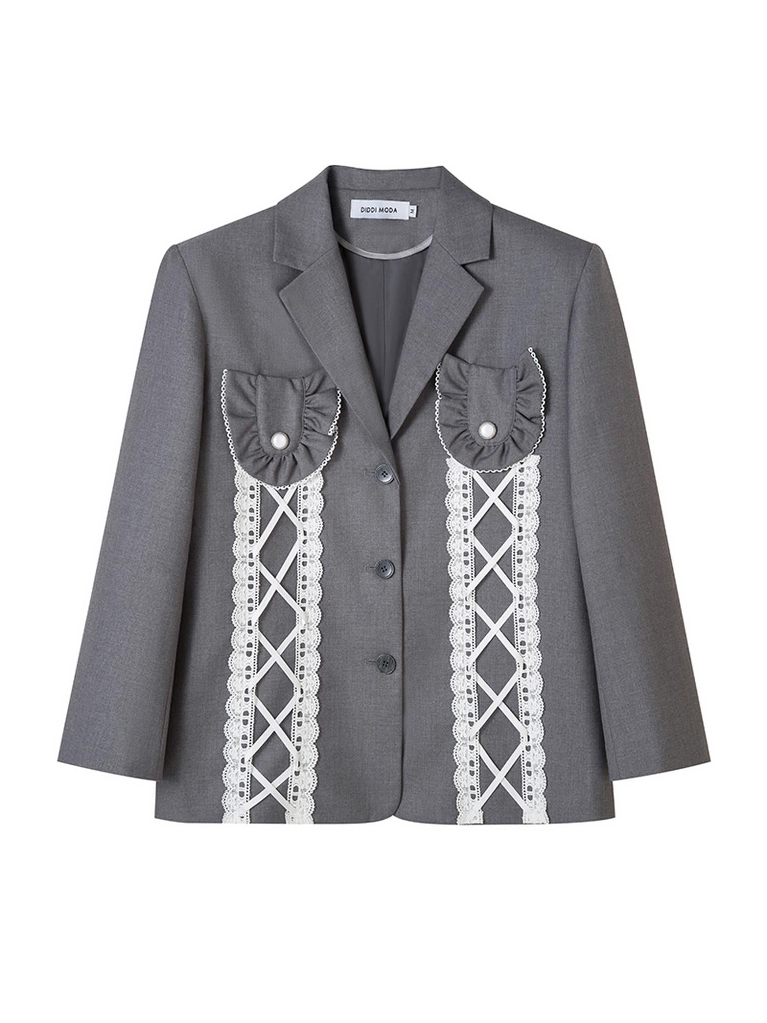 DIDDI MODA Lace Trimmed Peplum Blazer With Pearl Buttons