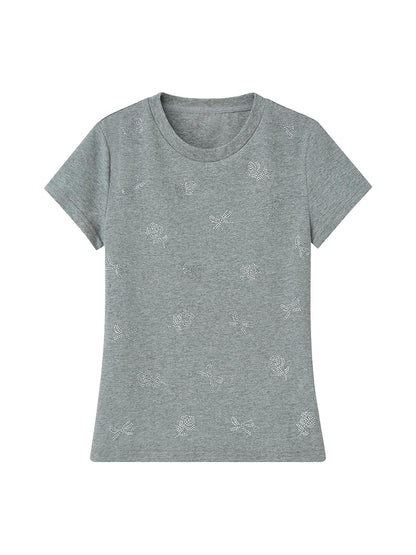 DIDDI MODA Floral Crystal Bow Slim Fit Tee
