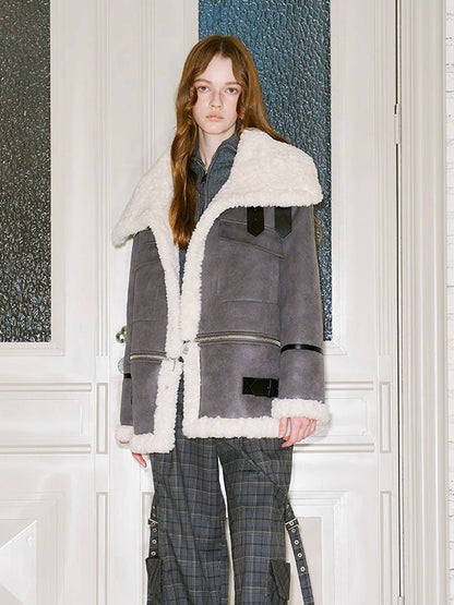 Detachable Reversible Faux Leather Shearling Coat With Oversized Collar