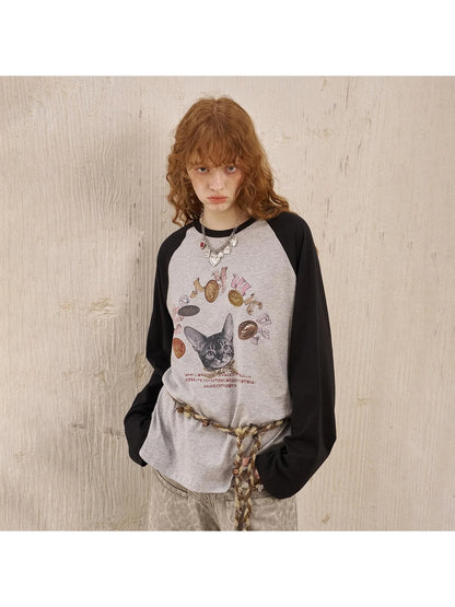 Retro Cat Coin Raglan Sleeve Tee