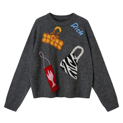 DIDDI MODA Fun Colorful Bag Embroidered Knit Sweater