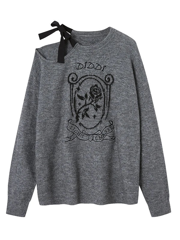 Off Shoulder Rose Jacquard Knit Top With Bow Tie