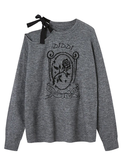 Off Shoulder Rose Jacquard Knit Top With Bow Tie