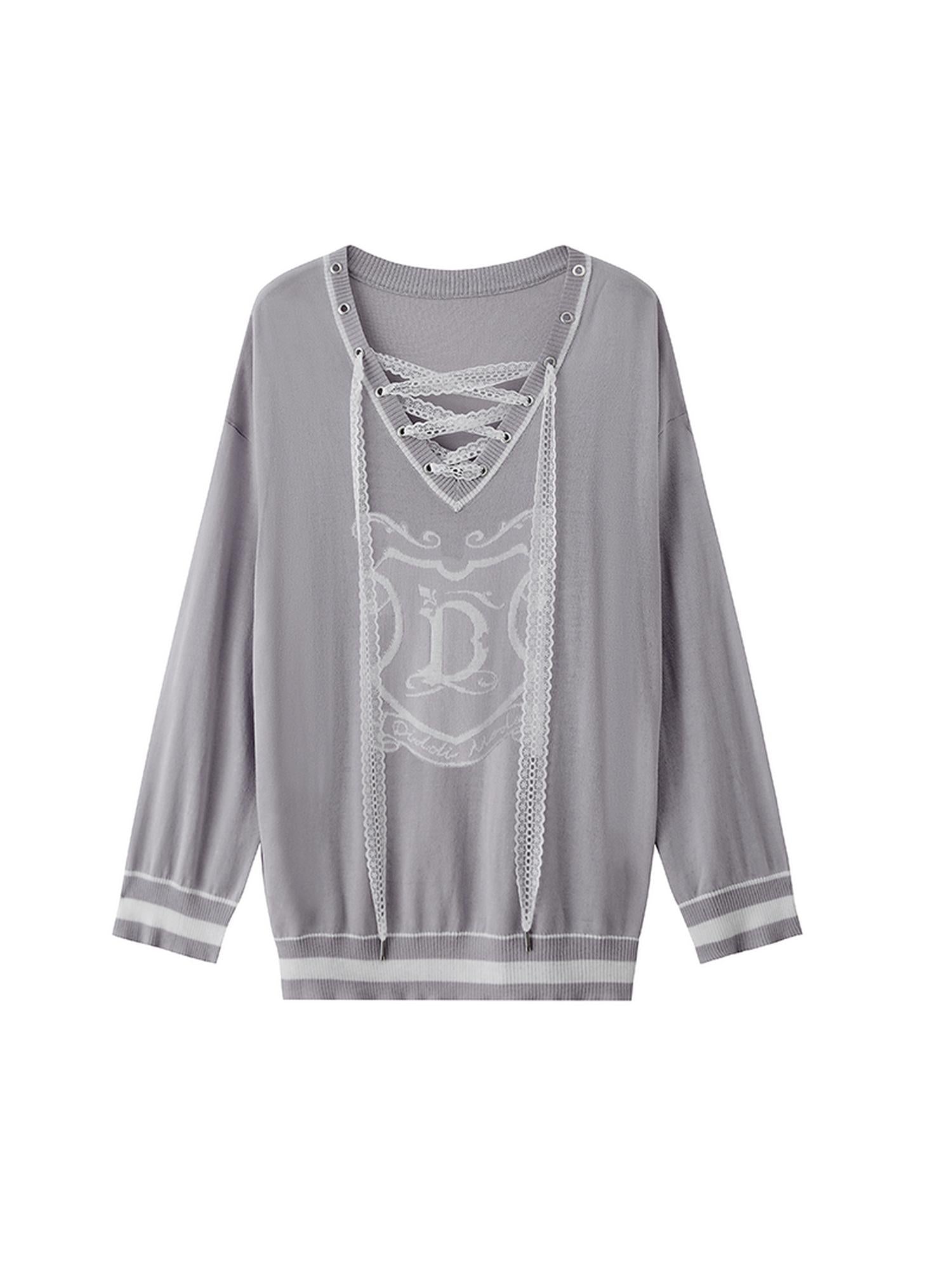 DIDDI MODA Vintage Lace Up V Neck Knit Top With Embroidered Crest