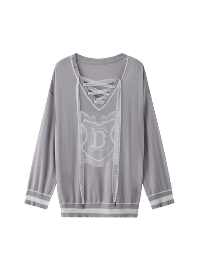 DIDDI MODA Vintage Lace Up V Neck Knit Top With Embroidered Crest