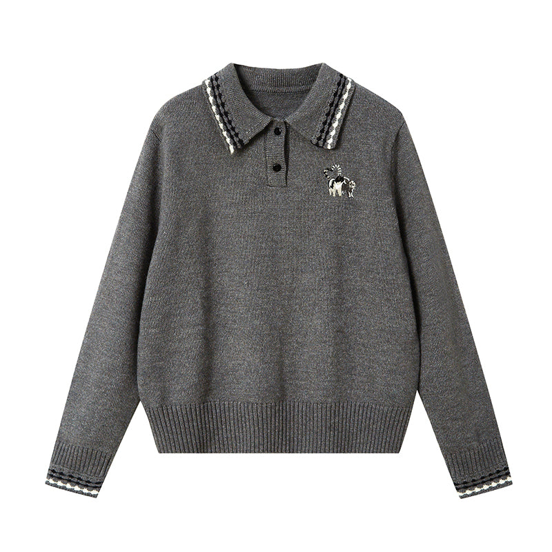 DIDDI MODA Academy Style Polo Knit With Embroidered Kitty And Heart