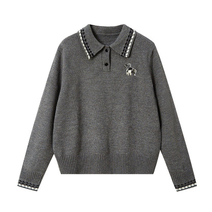 DIDDI MODA Academy Style Polo Knit With Embroidered Kitty And Heart