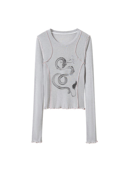 Dragon Year Ink Print Slim Base Layer Soft Wool Blend Tee