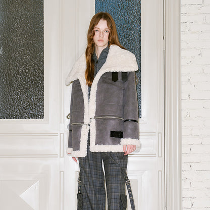 DIDDI MODA Detachable Reversible Faux Leather Shearling Coat With Oversized Collar
