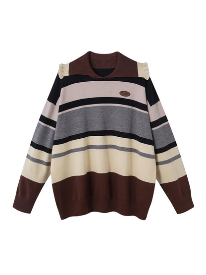 DIDDI MODA Floral Trim Color Block Stripe Knit Top