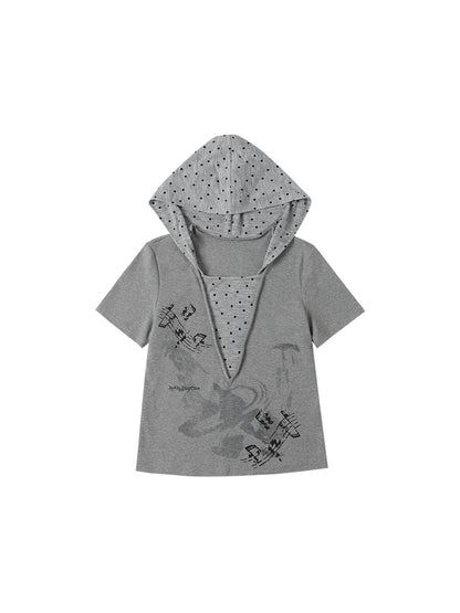 MOMSYCAN FOX LINE Summer Loose Hooded Tee With Dot Print False Layering