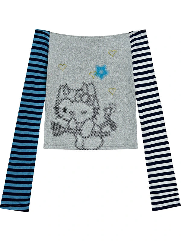 Sweet Kitty Sleeve Stripe Print Summer Top For Women