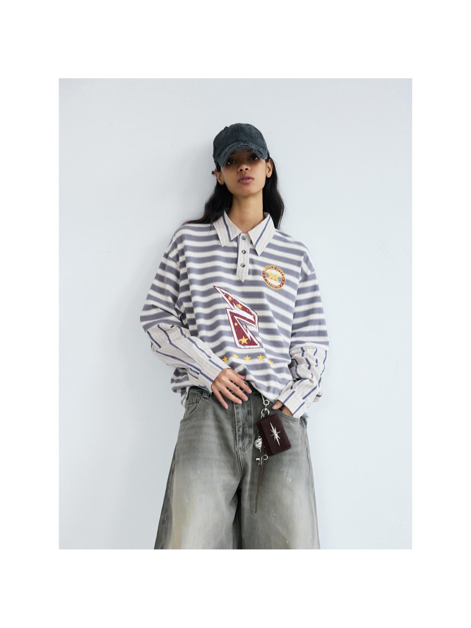 Peoplesense Retro Striped Polo Collar Long Sleeve Loose Fit T Shirt