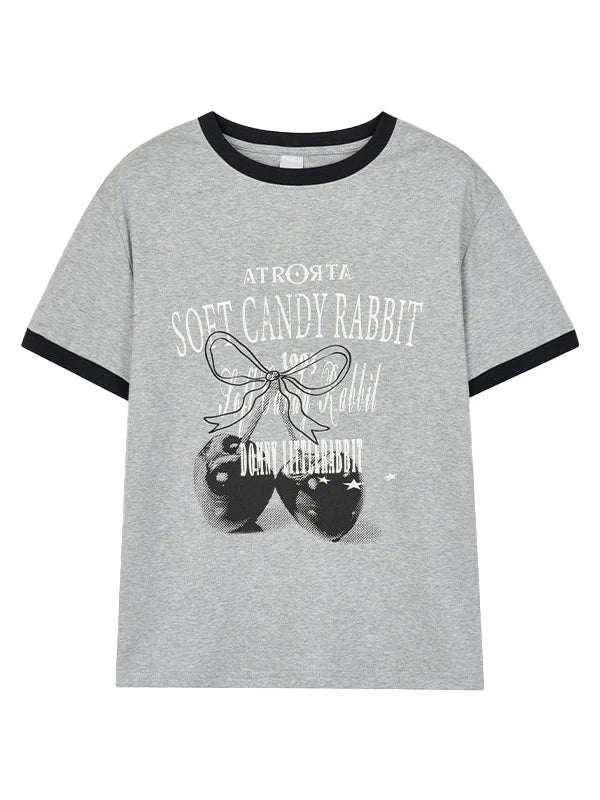 Summer Loose Cherry Print Tee With Color Trim Casual T-Shirt