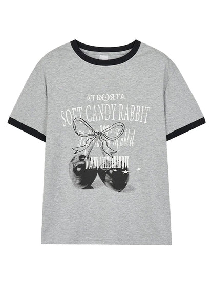 Summer Loose Cherry Print Tee With Color Trim Casual T-Shirt