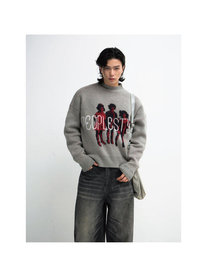 Peoplesense Grey Winter Lazy Print Knit Sweater Cozy Casual Pullover