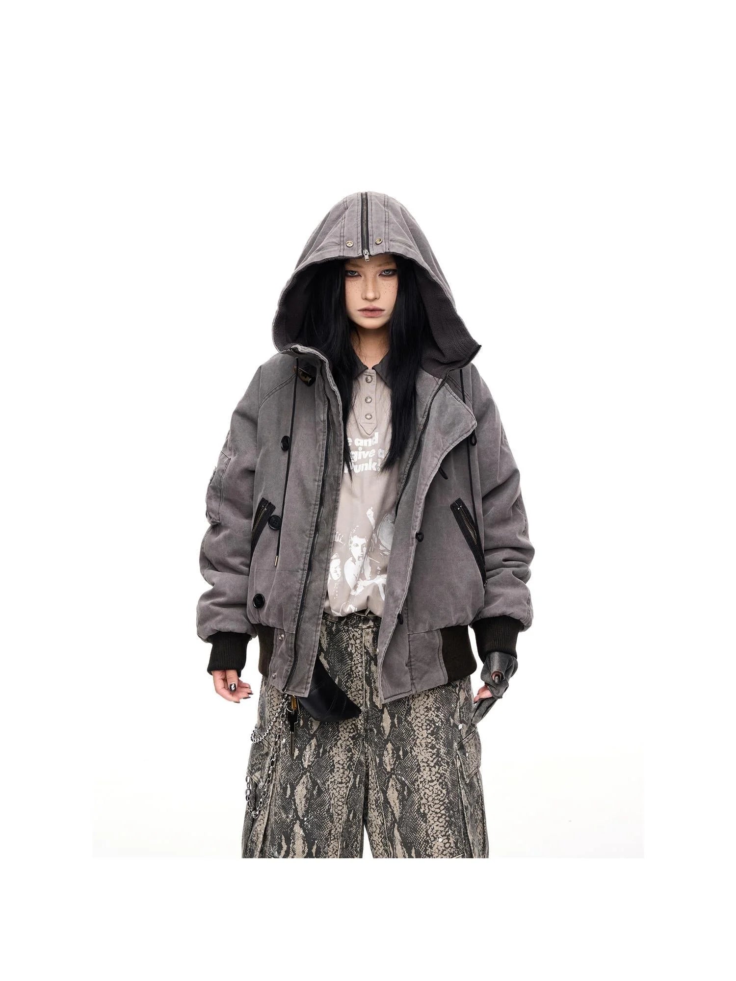 Retro Unisex Washed Graphite Hooded Jacket