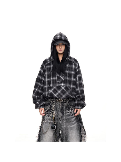 Peoplesense Unisex Checkered Contrast Drawstring Half Zip Hoodie