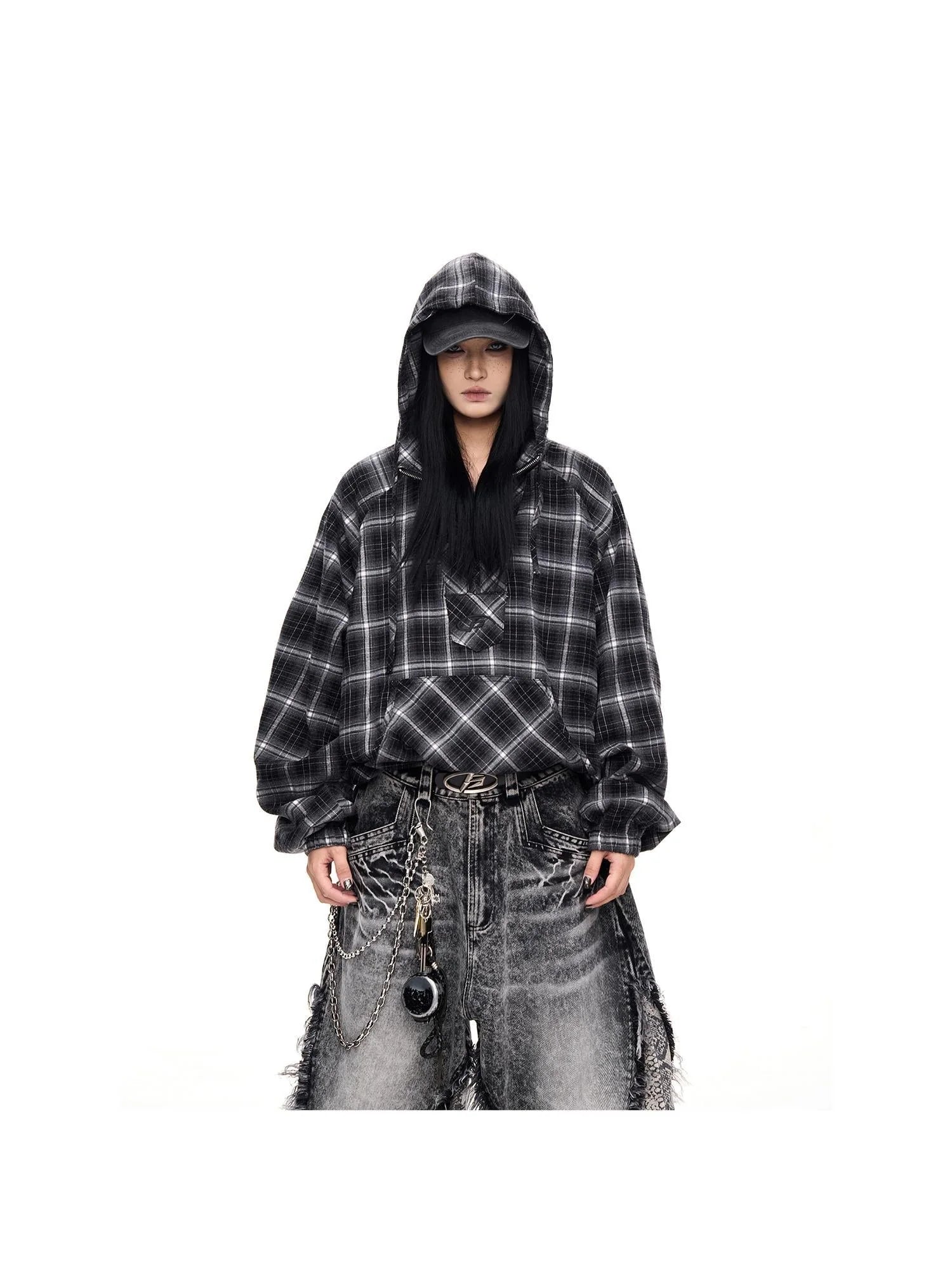 Unisex Checkered Contrast Drawstring Half Zip Hoodie