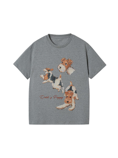 DIDDI MODA Funny Puppy Print Loose T Shirt With Layered Pants Set