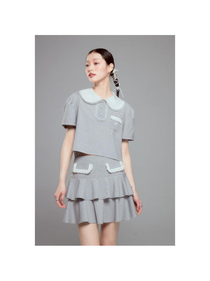 DIDDI MODA Balletcore Knit Set Soft Contrast Trim Top Skirt