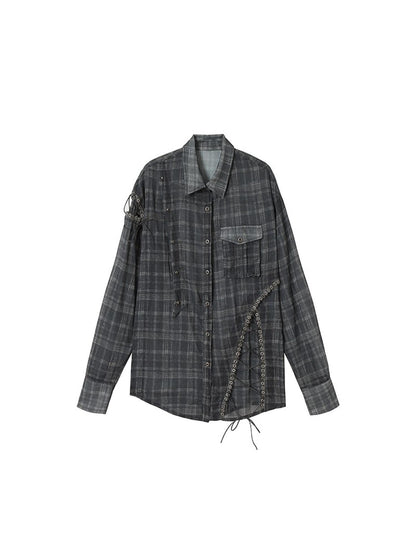 NO ROMANCE Vintage Punk Sheer Chiffon Dot Checkered Oversized Shirt