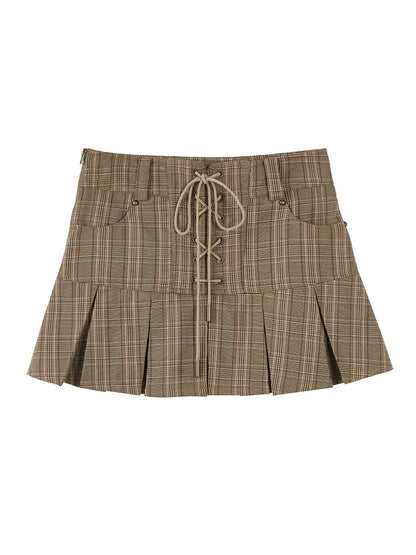DIDDI MODA Cross Lace Vintage Pleat Denim Skirt