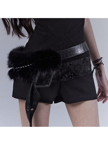 WSW WUSHENWU Black Pearl Rhinestone Cutout High Waist Slim Fit Pants