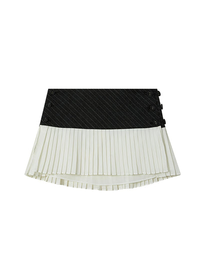 SweetChilling Grey Striped Sleeveless Top With White Pleated Skirt Set