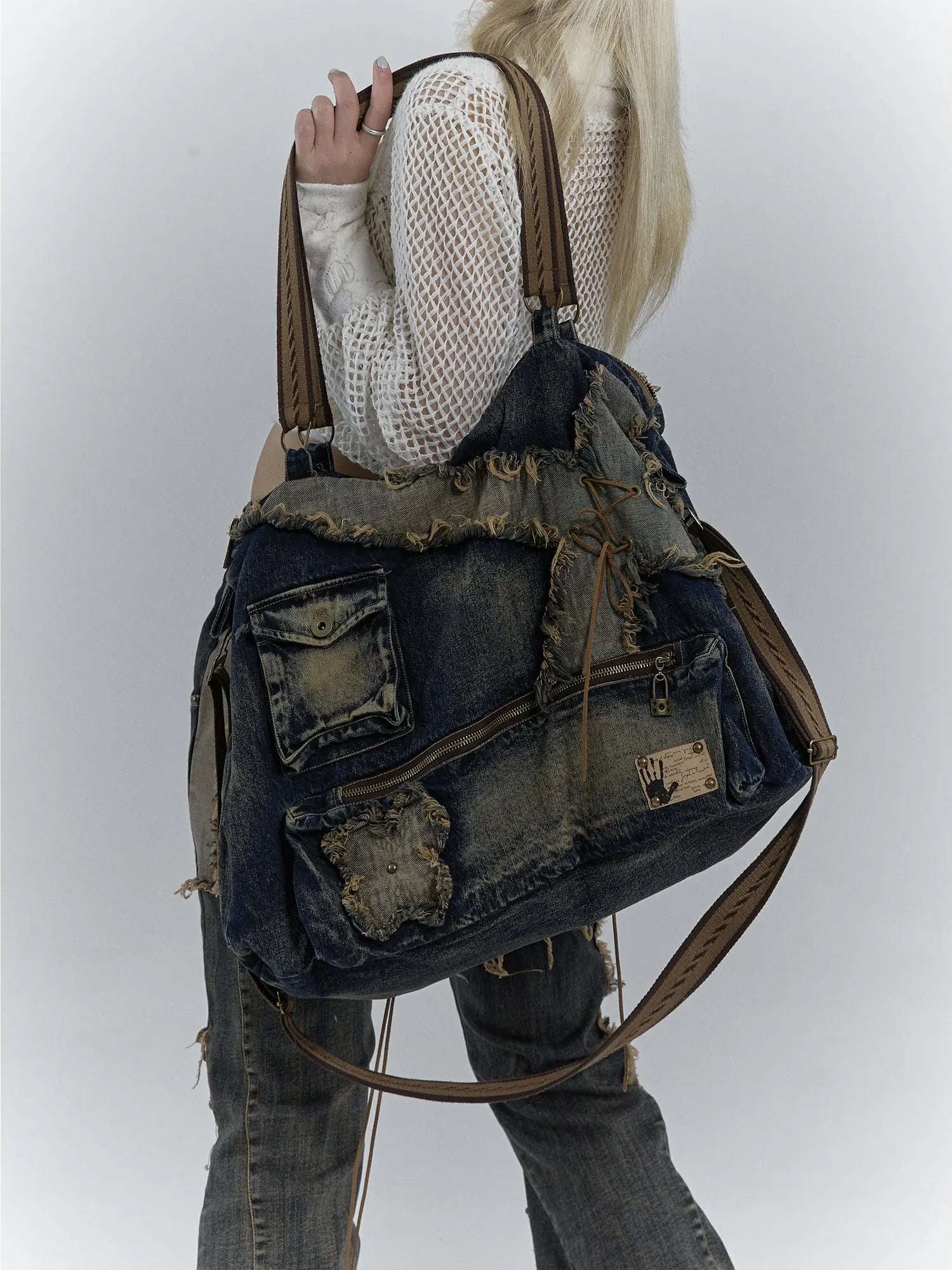 Vintage Washed Heavy Duty Denim Crossbody Shoulder Bag
