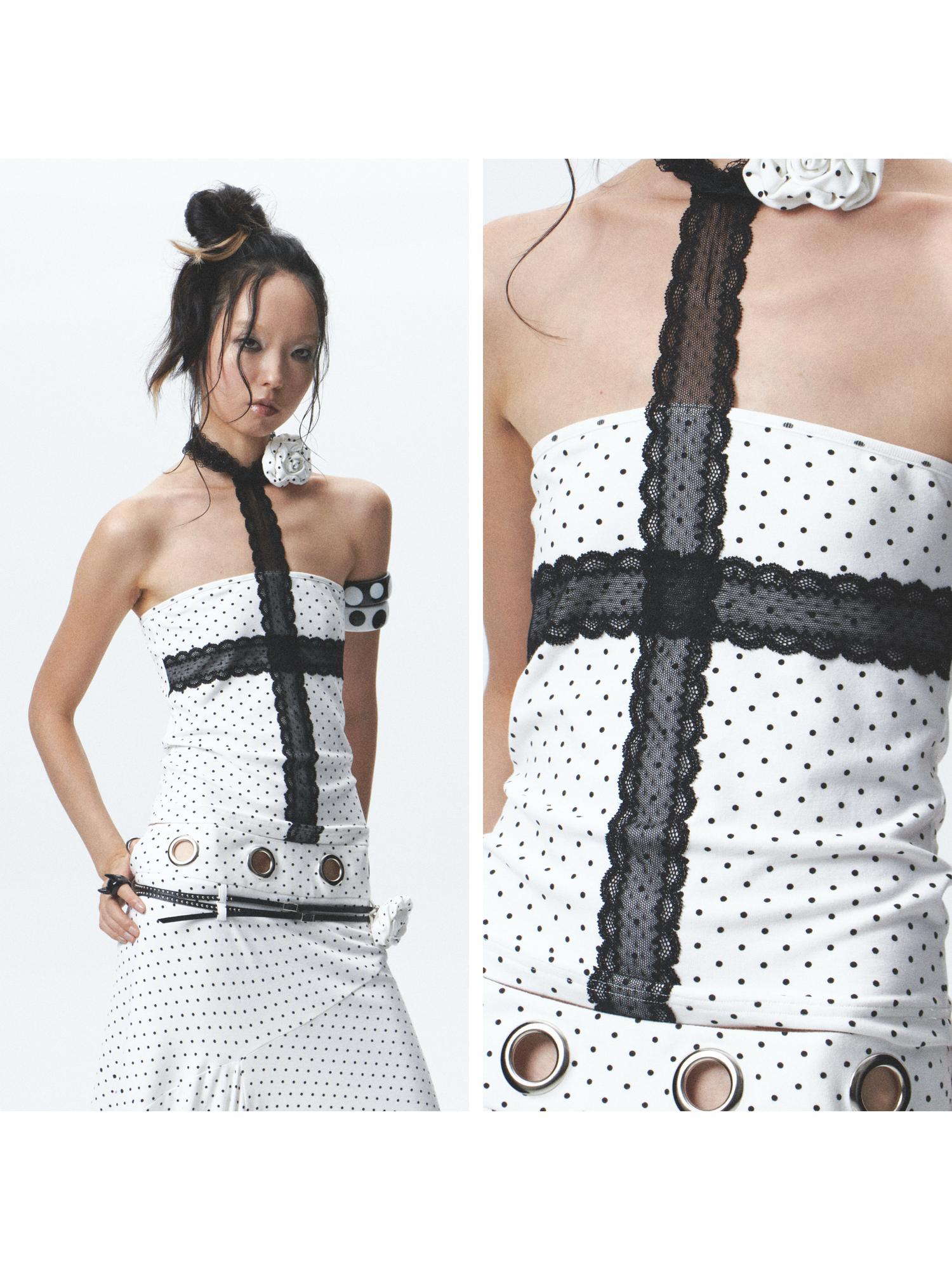 NONAME SPACE Rebellious Polka Dot Elastic Top Skirt Set With Detachable Flowers