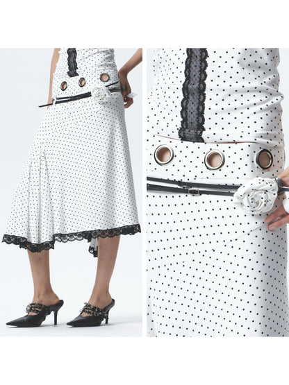 NONAME SPACE Rebellious Polka Dot Elastic Top Skirt Set With Detachable Flowers