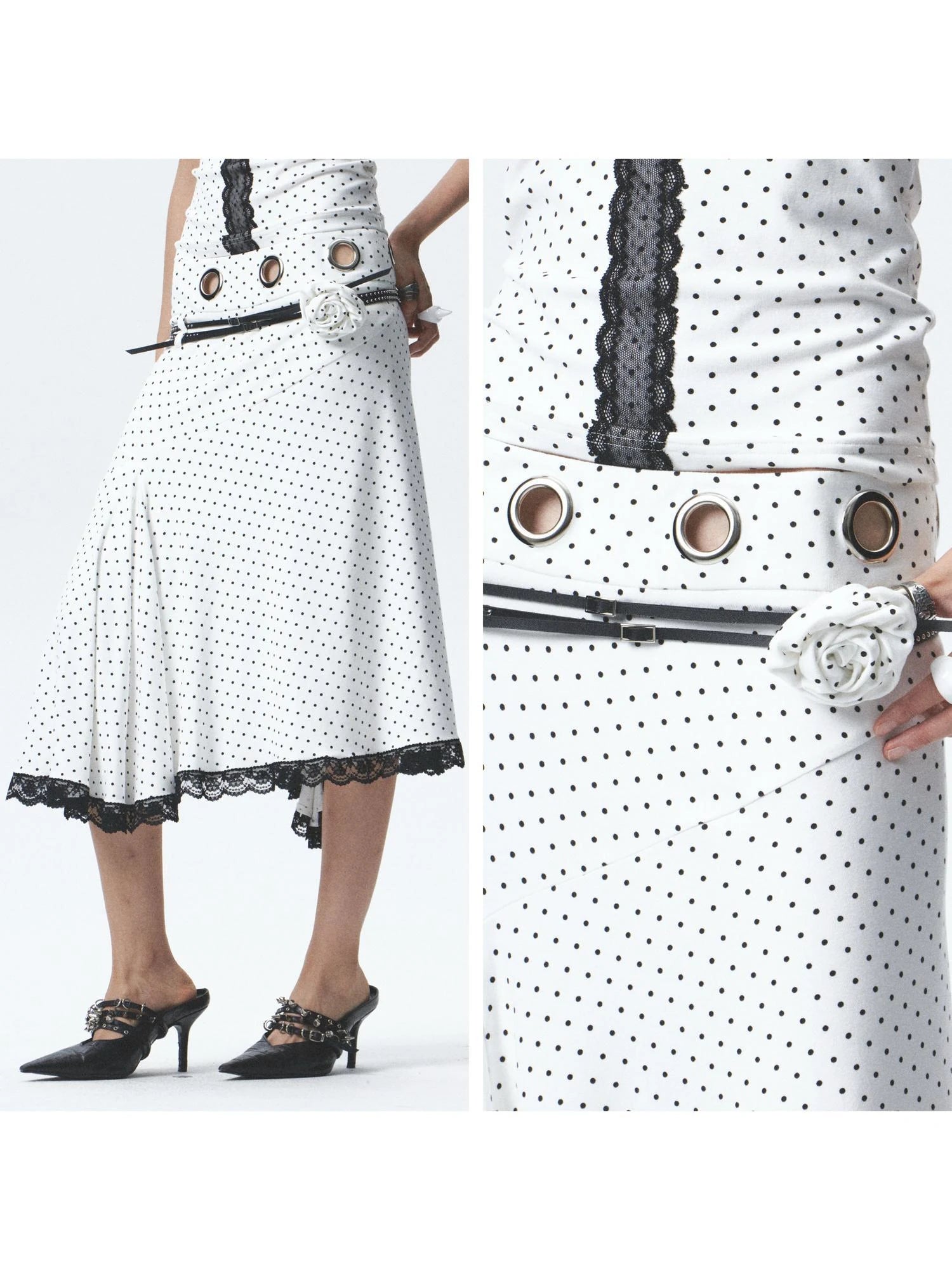 Rebellious Polka Dot Elastic Top Skirt Set With Detachable Flowers