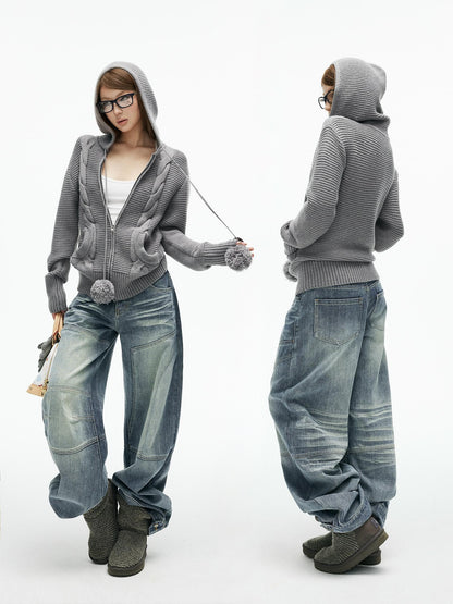 iamxiaa 3d Cable Double Face Knit Hooded Pompom Short Loose Women&