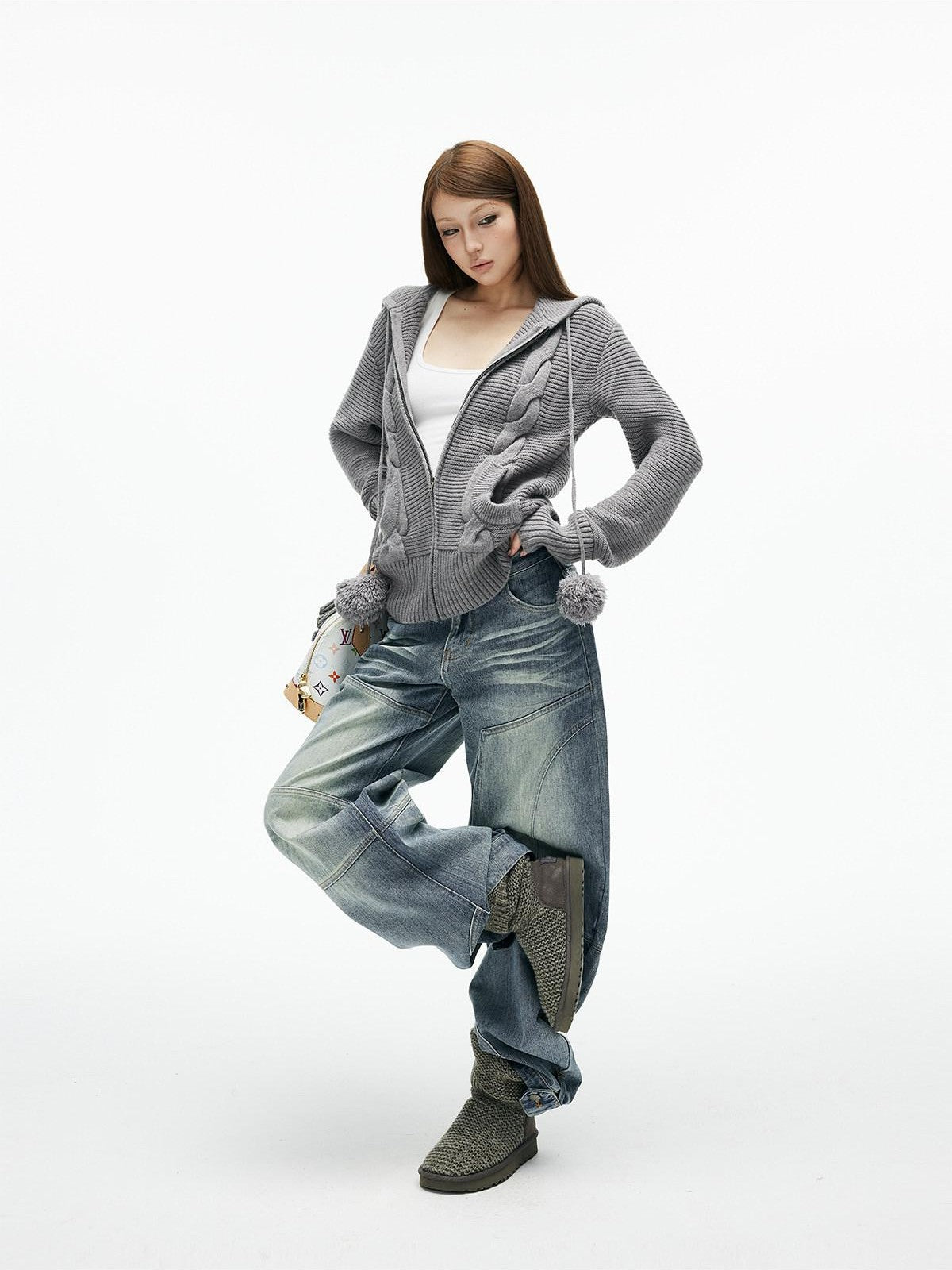 iamxiaa 3d Cable Double Face Knit Hooded Pompom Short Loose Women&