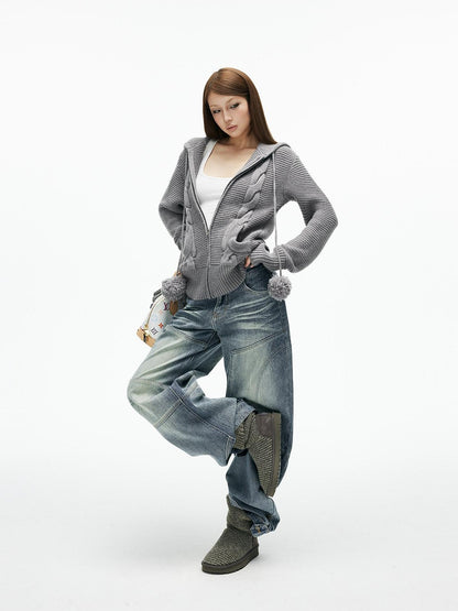 iamxiaa 3d Cable Double Face Knit Hooded Pompom Short Loose Women&