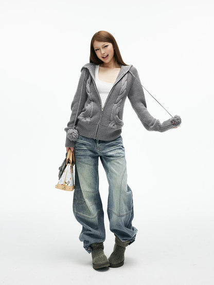 iamxiaa 3d Cable Double Face Knit Hooded Pompom Short Loose Women&