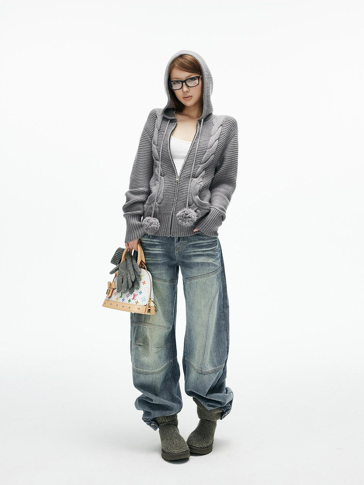 iamxiaa 3d Cable Double Face Knit Hooded Pompom Short Loose Women&