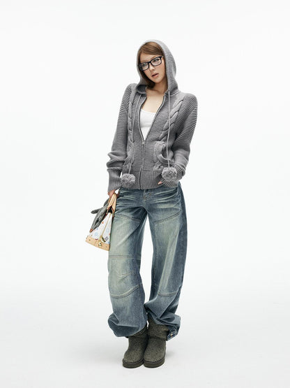 iamxiaa 3d Cable Double Face Knit Hooded Pompom Short Loose Women&