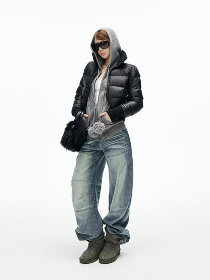iamxiaa 3d Cable Double Face Knit Hooded Pompom Short Loose Women&