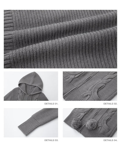 iamxiaa 3d Cable Double Face Knit Hooded Pompom Short Loose Women&