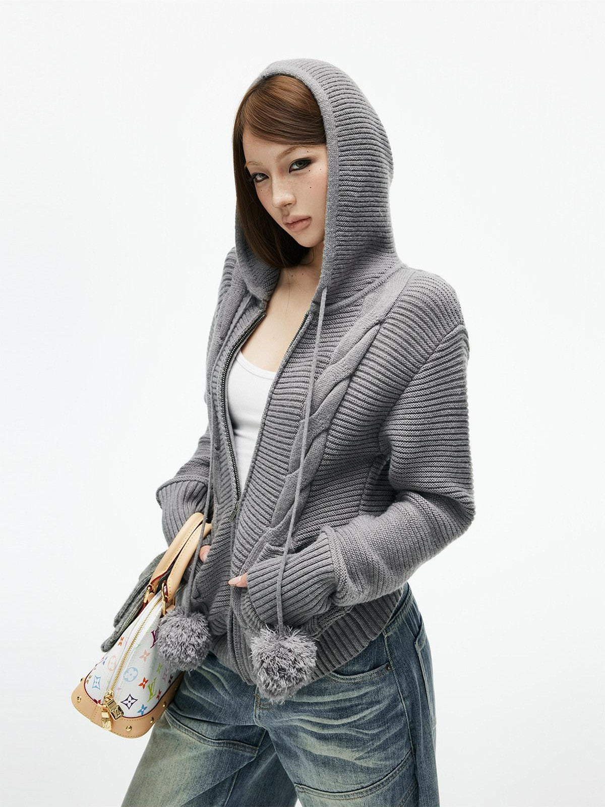 iamxiaa 3d Cable Double Face Knit Hooded Pompom Short Loose Women&