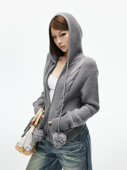 iamxiaa 3d Cable Double Face Knit Hooded Pompom Short Loose Women&