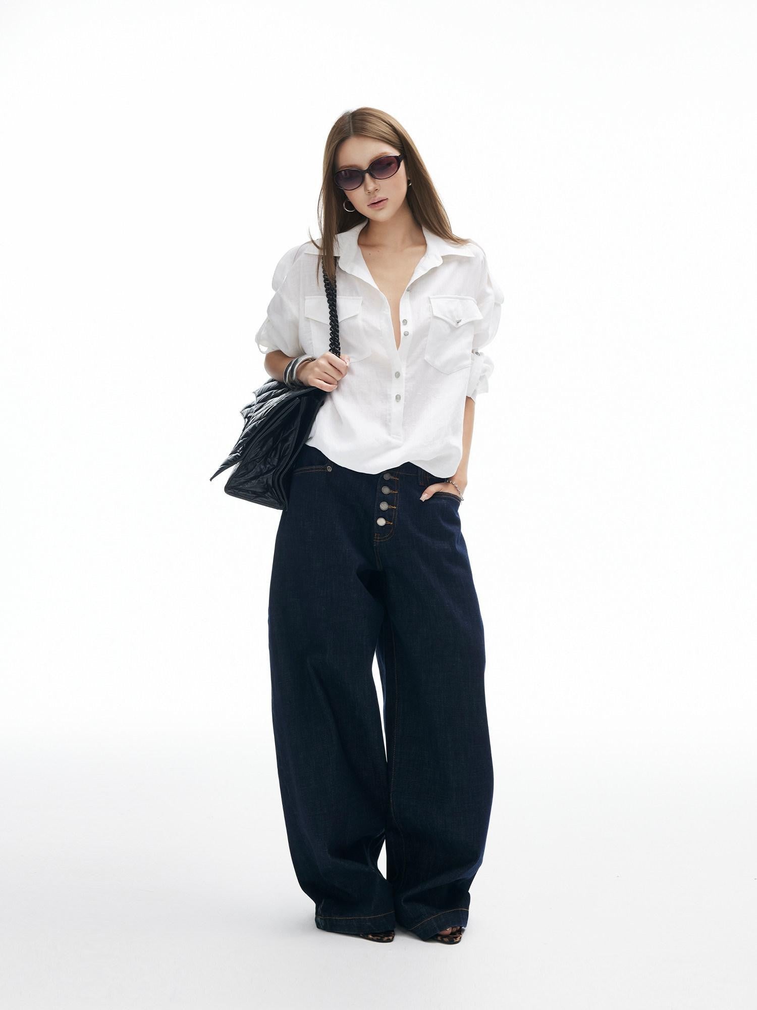 iamxiaa Adjustable Sleeve Tabs Back Tie Metal Buttons Women&