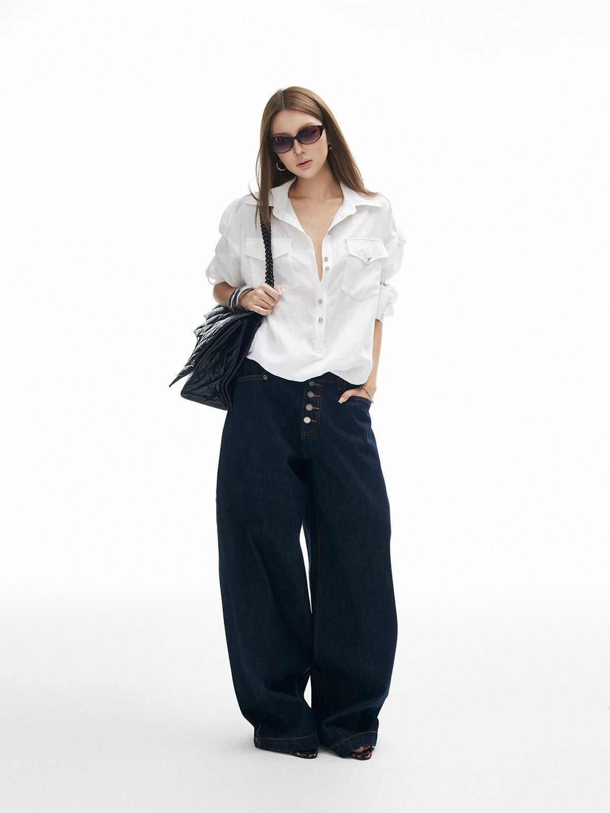 iamxiaa Adjustable Sleeve Tabs Back Tie Metal Buttons Women&
