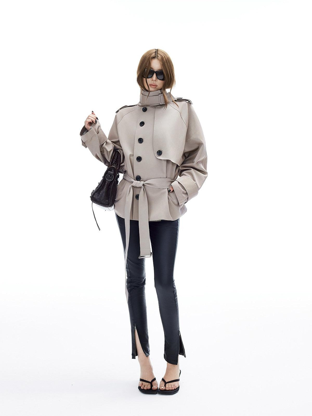 iamxiaa Adjustable Stand Collar Epaulet Cocoon H Cut Women&