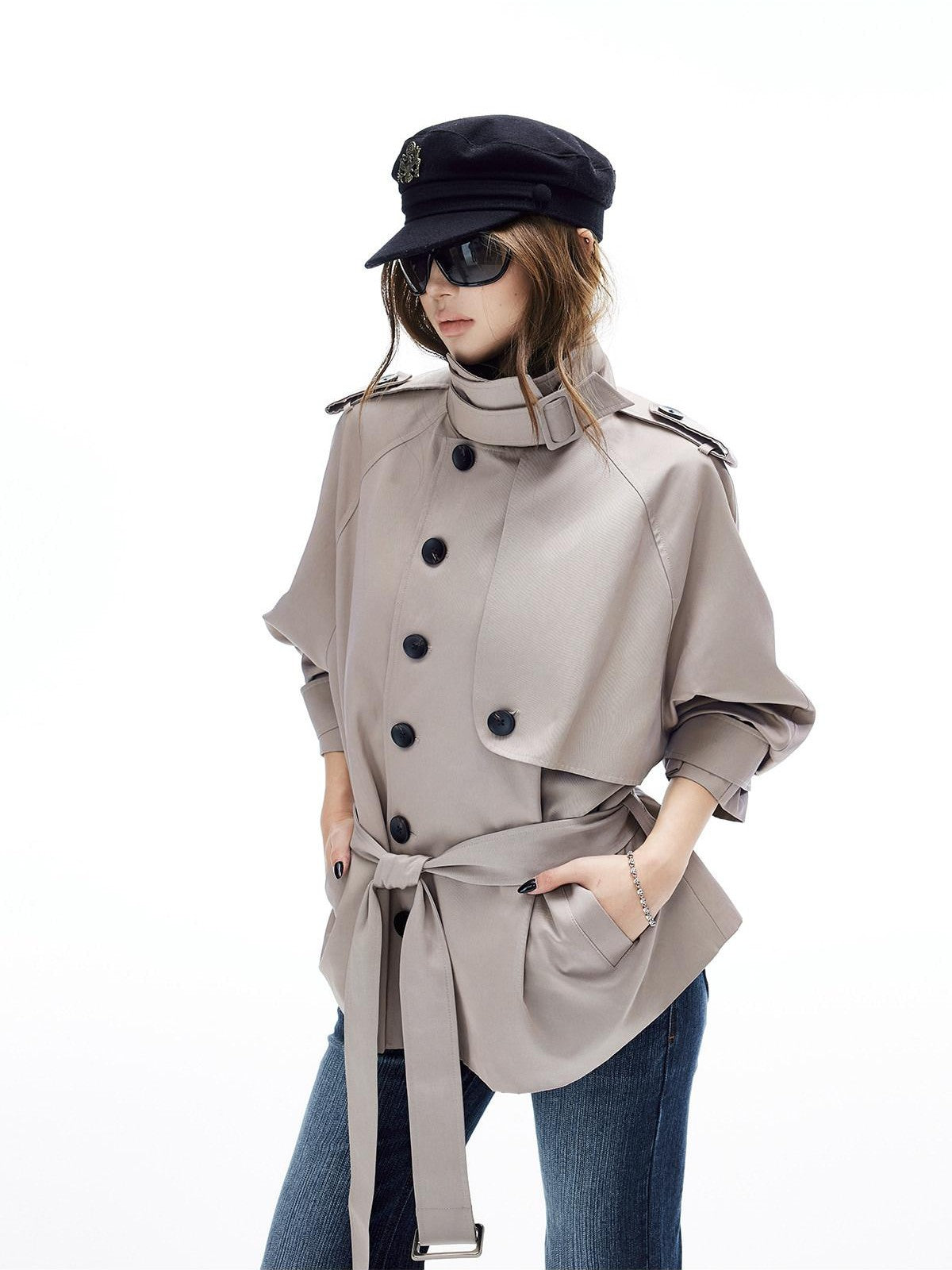 iamxiaa Adjustable Stand Collar Epaulet Cocoon H Cut Women&