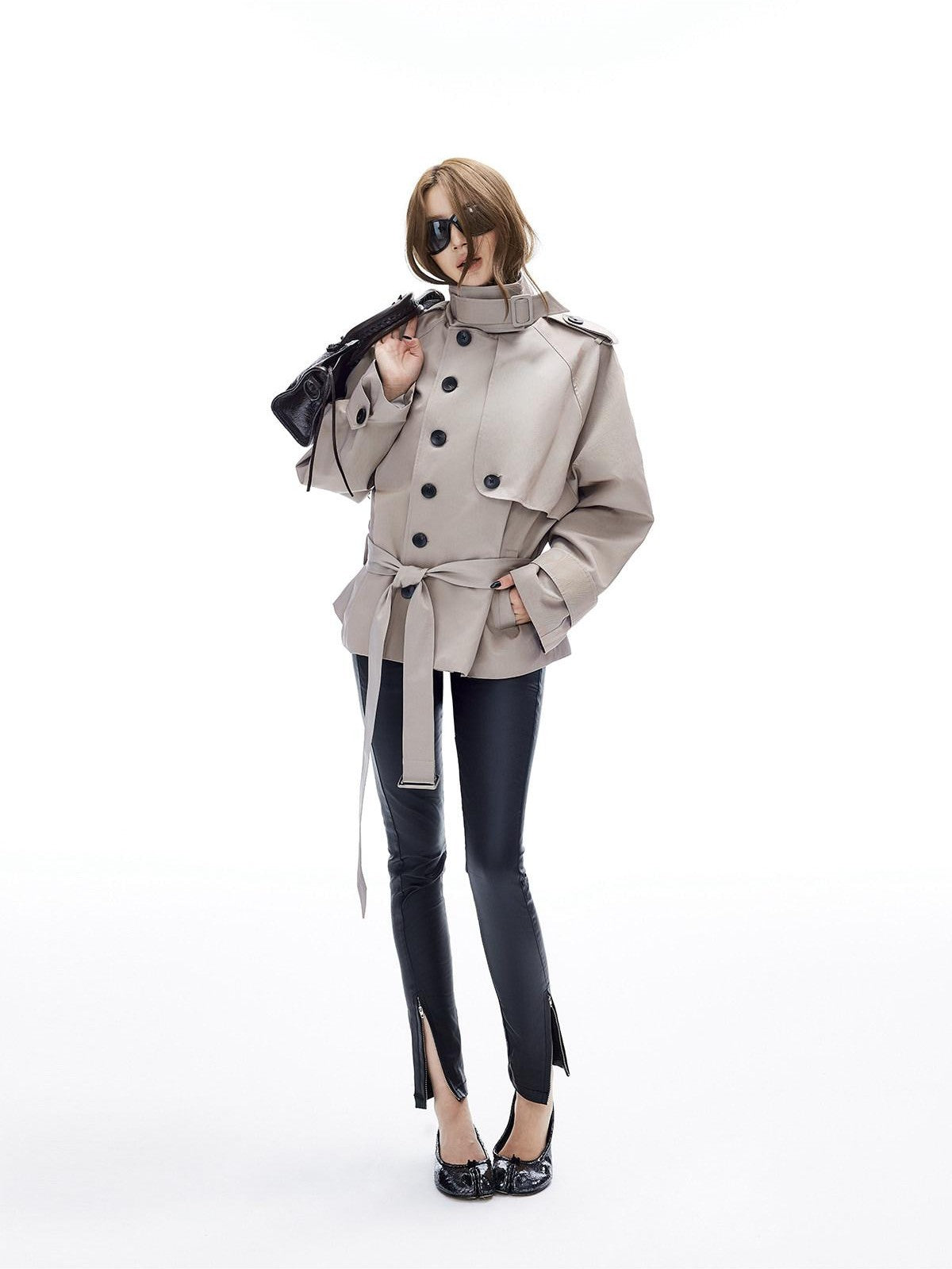 iamxiaa Adjustable Stand Collar Epaulet Cocoon H Cut Women&