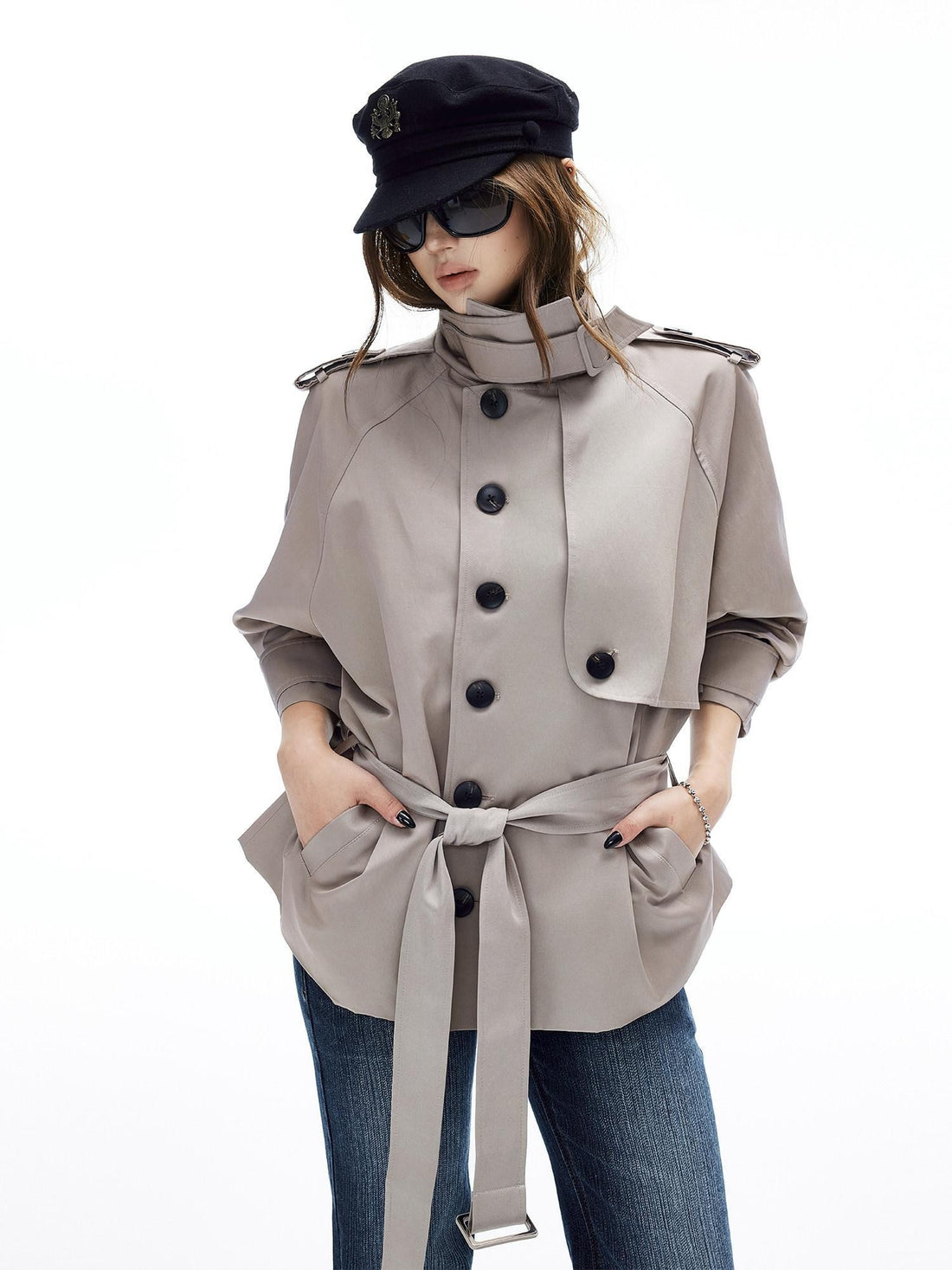 iamxiaa Adjustable Stand Collar Epaulet Cocoon H Cut Women&