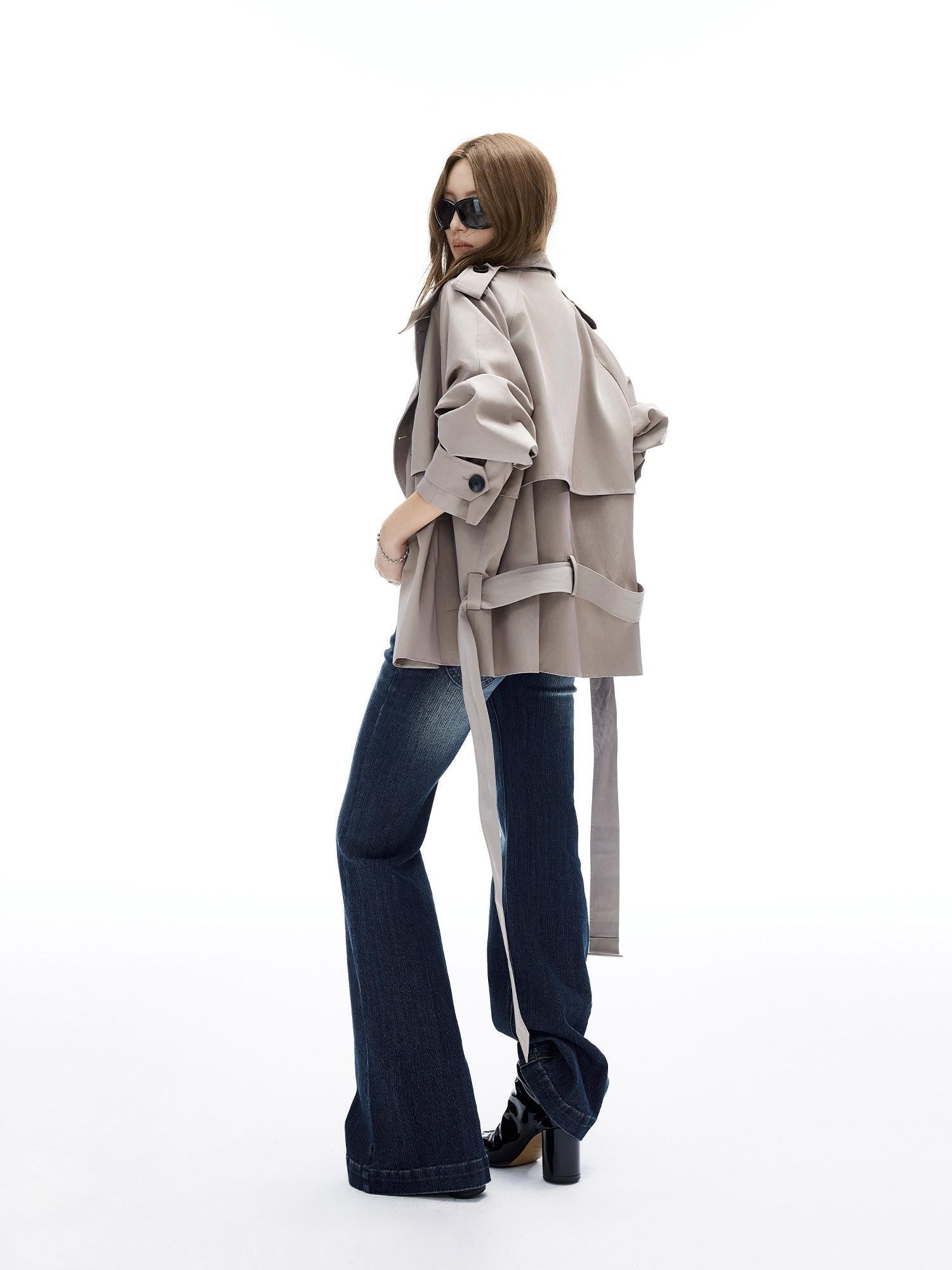 iamxiaa Adjustable Stand Collar Epaulet Cocoon H Cut Women&